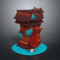 Traditional Wooden Layered Tower With Red Tiled Roof Snow Accents Red Tree Blue Snowy Base