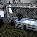 Black Sofa And White Table With Drawers In Room With Mesh Walls And Broken Windows