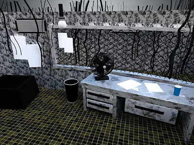 Black Sofa And White Table With Drawers In Room With Mesh Walls And Broken Windows 3d model