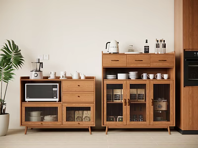 Modern Wooden Kitchen Sideboard With Storage Drawers Glass Doors And Tea Sets 3d model
