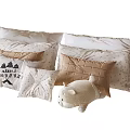 Neutral Toned Decorative Pillows with Textured Covers Checkered Design and Cat Plush Toy