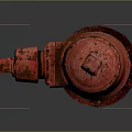 Red Fire Hydrant With Metal Construction And Chain Attachment On Gray Background