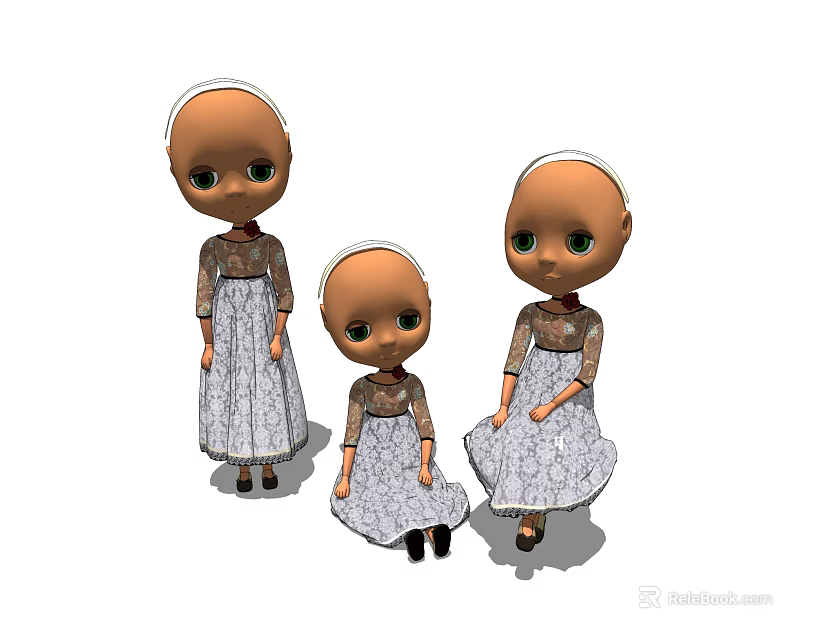 Three Cute Dolls With Lace Dresses Green Eyes And Different Sizes 3d model 
