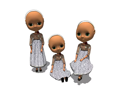Three Cute Dolls With Lace Dresses Green Eyes And Different Sizes 3d model