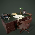 Wooden Office Desk With Green Lamp Coffee Mug Books Papers Photo Frame And Storage Boxes
