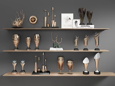 Modern Design Golden Copper Trophies and Medals Displayed on Wooden Shelves 3d model