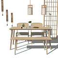 Minimalist Japanese Dining Table Set With Wooden Table Chairs Bench And Pendant Lights