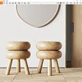 Two Stacked Wooden Stools With Round Mirror White Wall And Wooden Floor