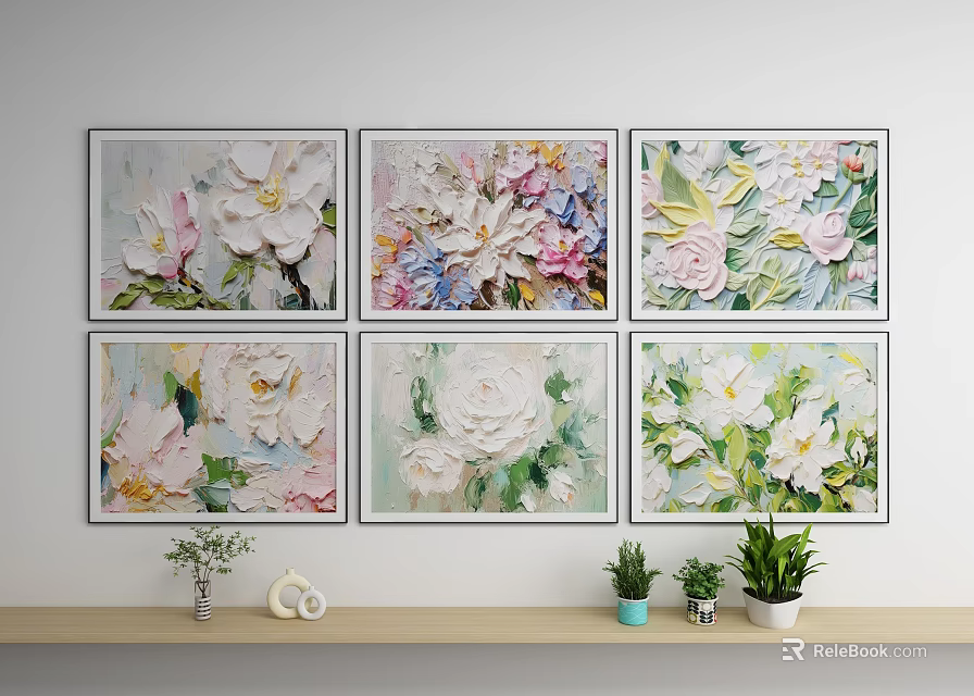 Textured Floral Oil Paintings Wall Art With 3D Flower Designs And Potted Plants 3d model 
