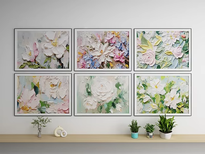 Textured Floral Oil Paintings Wall Art With 3D Flower Designs And Potted Plants 3d model