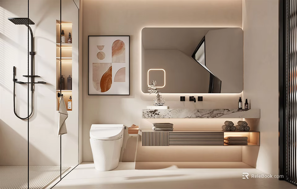 Modern Bathroom Interior Design With Toilet Vanity Marble Countertop Large Mirror And Wall Art 3d model 