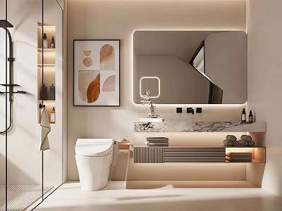 Modern Bathroom Interior Design With Toilet Vanity Marble Countertop Large Mirror And Wall Art 3d model