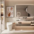 Modern Bathroom Interior Design With Toilet Vanity Marble Countertop Large Mirror And Wall Art