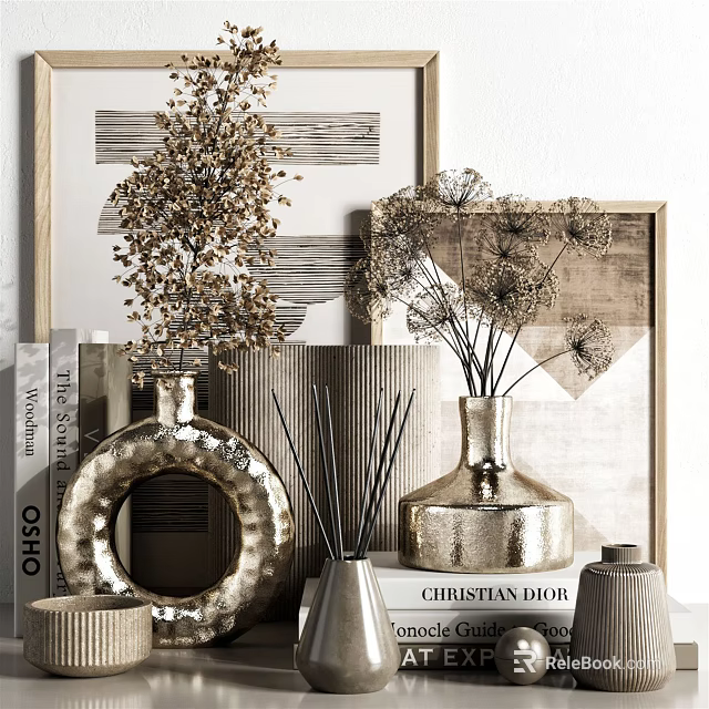 Stylish Decorative Ornament Collection Featuring Gold Vases Dried Flowers Incense Sticks and Books 3d model 