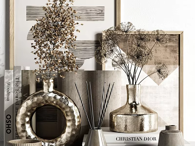 Stylish Decorative Ornament Collection Featuring Gold Vases Dried Flowers Incense Sticks and Books 3d model