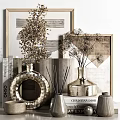 Stylish Decorative Ornament Collection Featuring Gold Vases Dried Flowers Incense Sticks and Books