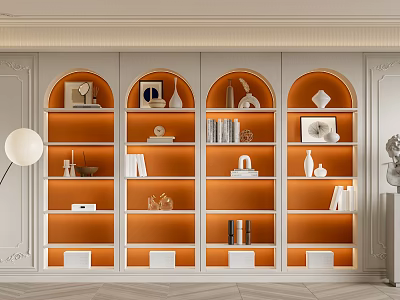 Elegant Modern Bookcase Interior With Arched Design Orange Shelves And Decorative Items 3d model