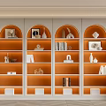 Elegant Modern Bookcase Interior With Arched Design Orange Shelves And Decorative Items