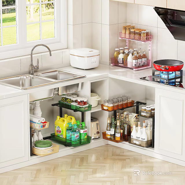 Organized Kitchen Interior With White Cabinets Sink Storage Shelves And Bottles Jars 3d model 