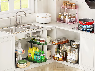 Organized Kitchen Interior With White Cabinets Sink Storage Shelves And Bottles Jars 3d model