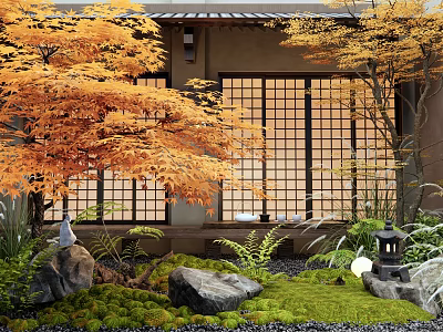 Japanese Courtyard Garden With Autumn Orange Maple Trees Stone Moss Lantern And Lattice Window Building 3d model