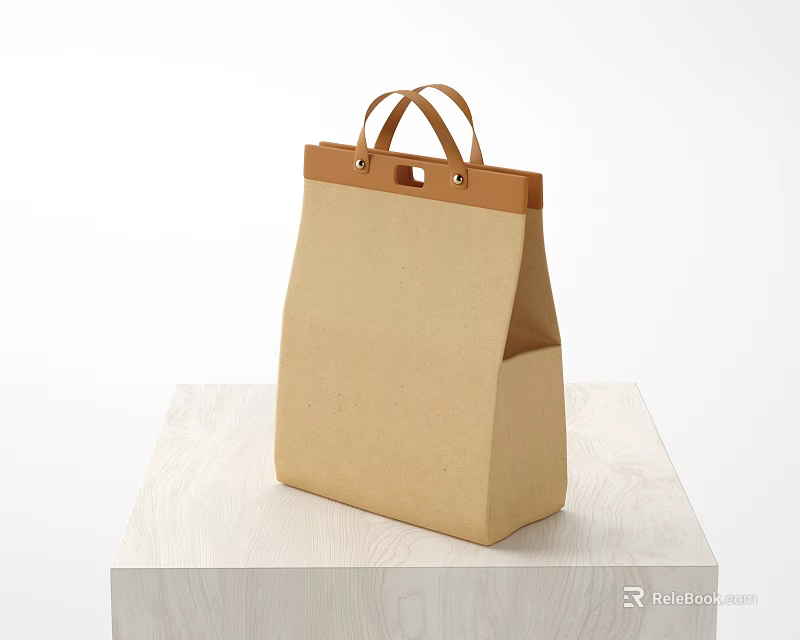 Simple Design Paper Bag With Brown Leather Handles On Light Wooden Table 3d model 