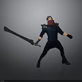 Man With Blue Hair And Red Beard Wearing Armor Holding Large Sword In Battle Stance