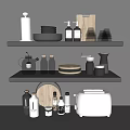 Modern Kitchen Utensils Featuring Wooden Cutting Board Spice Bottles And Silver Toaster