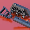 3D Modeled Black Metal Mechanical Components Featuring Structural Frames And Connectors