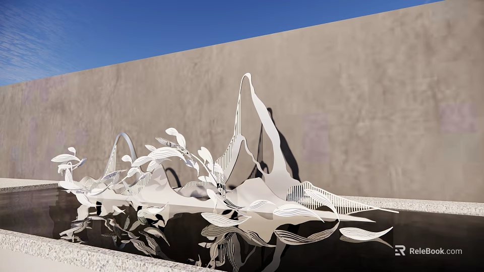 Modern Garden Landscape Design With Artistic Metal Leaf Sculptures And Water Reflections 3d model 
