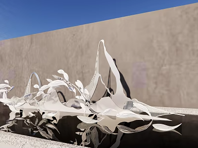 Modern Garden Landscape Design With Artistic Metal Leaf Sculptures And Water Reflections 3d model