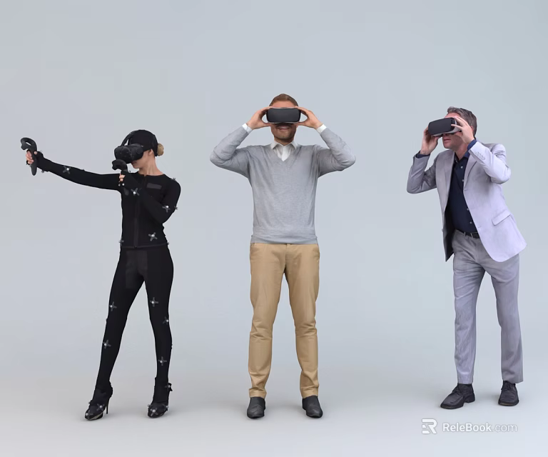 Group of People Using VR Headsets for Virtual Reality Experience 3d model 