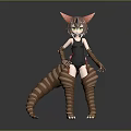 Game And Movie Character With Pink Hair Green Eyes Animal Ears Striped Tail Claws