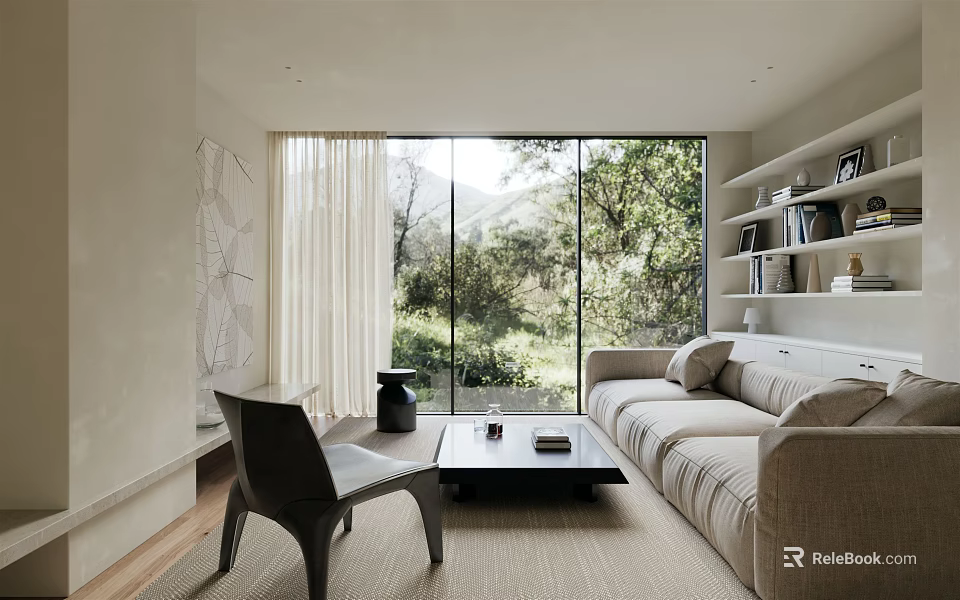 Modern Living Room Interior with Beige Sofa Black Coffee Table and Natural Light Large Windows 3d model 