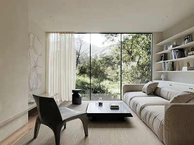 Modern Living Room Interior with Beige Sofa Black Coffee Table and Natural Light Large Windows 3d model