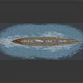 Detailed Battleship Model Floating on Blue Water Surface with Turrets and Chimney