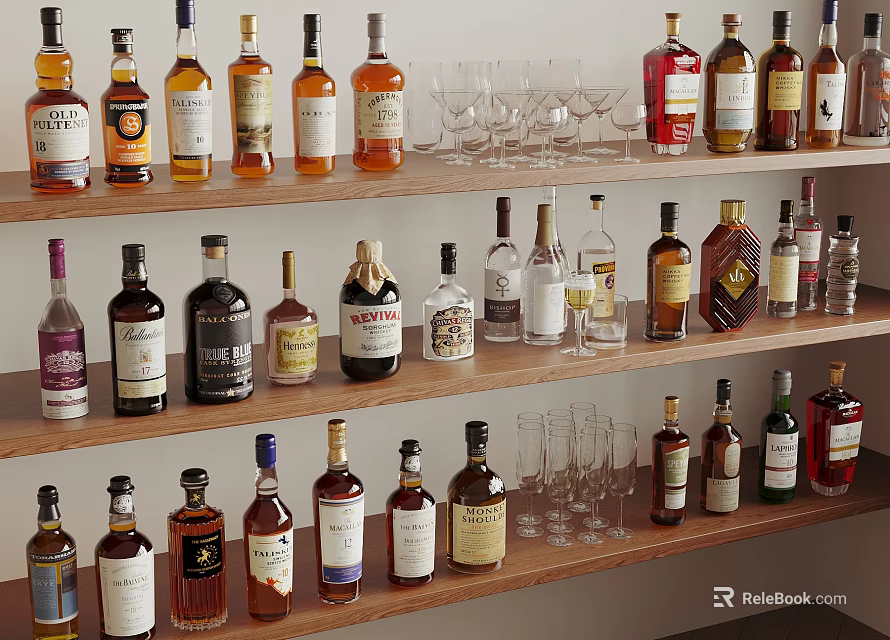 Elegant Wine Bottles and Glasses Collection on Wooden Shelves with Different Liquor Types 3d model 