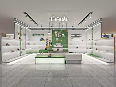 Modern Shoe Store Interior With Display Shelves Shoes Central Counter Green Accents Bright Lighting 3d model