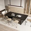 Modern Dark Rectangular Dining Table Set With Four Light Chairs And Bookshelf 3d model