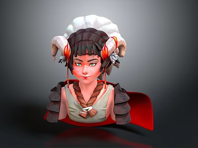 3D Character Head Model With Ram Horns Brown Hair And Red Cape Armor 3d model