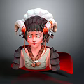 3D Character Head Model With Ram Horns Brown Hair And Red Cape Armor