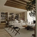 Modern Living And Dining Room Interior With Wooden Ceiling Bookshelves And Green Plants