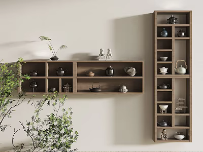 Minimalist Wooden Shelving Unit Displaying Tea Sets Decorative Items And Green Plants 3d model