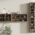 Minimalist Wooden Shelving Unit Displaying Tea Sets Decorative Items And Green Plants