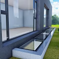 Modern Detached Villa With Large Glass Windows Gray Walls Sunken Glass Feature And Lawn Yard