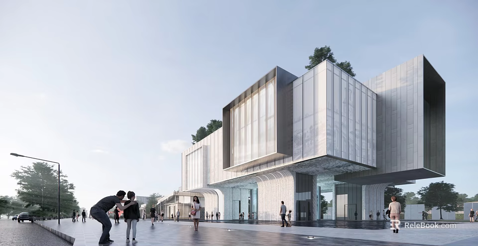 Modern Sales Office Building with Glass Curtain Walls Roof Greenery and Pedestrian Plaza 3d model 