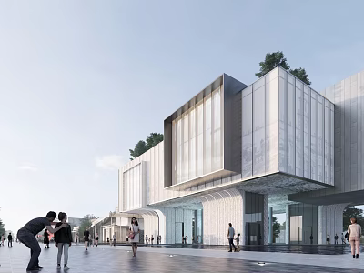 Modern Sales Office Building with Glass Curtain Walls Roof Greenery and Pedestrian Plaza 3d model