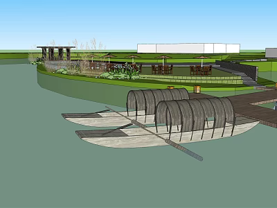 Scenic Waterfront Outdoor Landscape With Wooden Walkway Pavilion Greenery And Floating Platforms 3d model