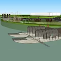 Scenic Waterfront Outdoor Landscape With Wooden Walkway Pavilion Greenery And Floating Platforms