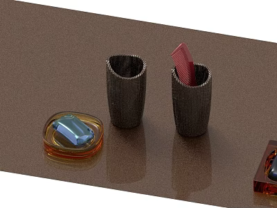 Decorative Ornament Set With Black Mesh Cups Red Item Transparent Box On Brown Surface 3d model